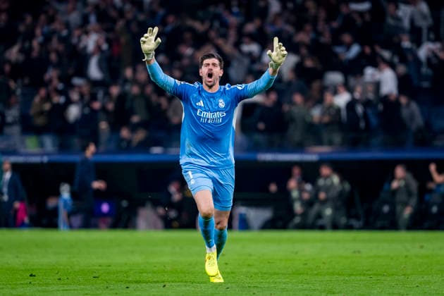 Real Madrid CF v Manchester City FC - UEFA Champions League 2025 26 Round of 16 First Leg Thibaut Courtois of Real Madrid celebrates a goal during the UEFA Champions League 2025 26 Round of 16 First Leg match between Real Madrid CF and Manchester City FC at Estadio Santiago Bernabeu on March 11, 2026 in Madrid, Spain. Madrid Estadio Santiago Bernabeu Madrid Spain Copyright: xAlbertoxGardinx AGardin_20260311_Foot_Champ_Atl_Mad_Man_City__1451