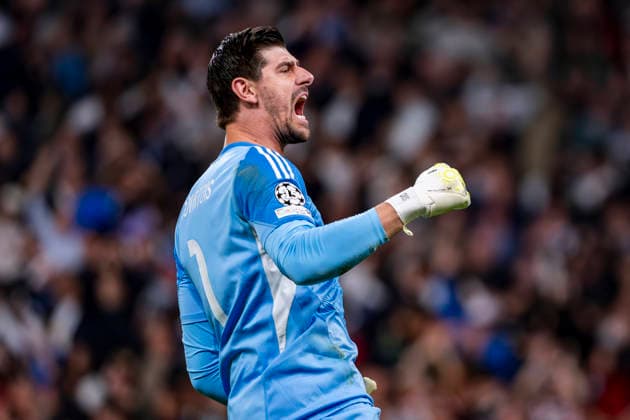 Real Madrid CF v Manchester City FC - UEFA Champions League 2025 26 Round of 16 First Leg Thibaut Courtois of Real Madrid celebrates a goal during the UEFA Champions League 2025 26 Round of 16 First Leg match between Real Madrid CF and Manchester City FC at Estadio Santiago Bernabeu on March 11, 2026 in Madrid, Spain. Madrid Estadio Santiago Bernabeu Madrid Spain Copyright: xAlbertoxGardinx AGardin_20260311_Foot_Champ_Atl_Mad_Man_City__1496