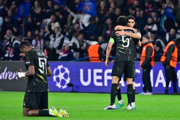 FOOTBALL : PSG vs Chelsea - Ligue des Champions - 11 03 2026 Marquinhos of Paris Saint Germain celebrates with Achraf Hakimi of Paris Saint Germain followingduring the UEFA Champions League match between Paris Saint Germain and Chelsea FC at Parc Des Princes on March 11 , 2026 in Paris, France. ( Photo by Federico Pestellini PsnewZ ) ParisFrance  Copyright: xFedericoxPestellinix