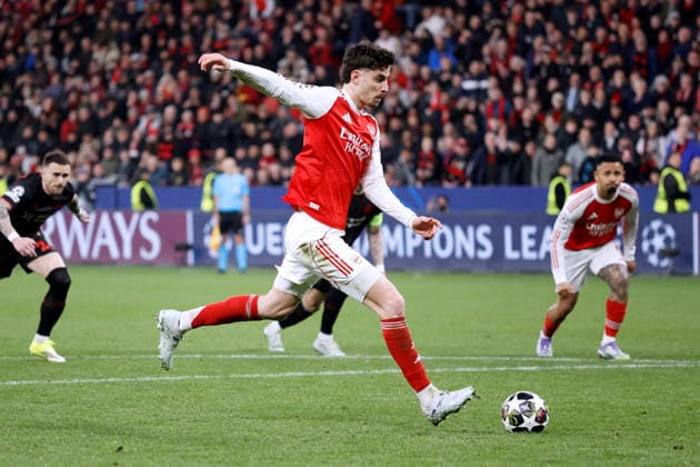 HAVERTZ Kai Team Arsenal FC 11m zum 1 : 1 UEFA Championsleague Saison 2025 - 2026 Achtelfinale Spiel Bayer 04 Leverkusen - Arsenal FC am 11.03. 2026 in Leverkusen DFL REGULATIONS PROHIBIT ANY USE OF PHOTOGRAPHS as IMAGE SEQUENCES and or QUASI-VIDEO Copyright: xLacixPerenyix