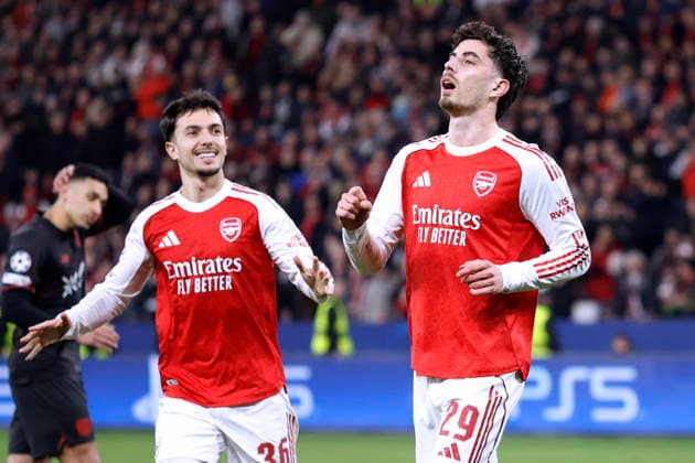 HAVERTZ Kai Team Arsenal FC jubelt nach seinem verwandeltem 11m zum 1 : 1 mit ZUBIMENDI Martin UEFA Championsleague Saison 2025 - 2026 Achtelfinale Spiel Bayer 04 Leverkusen - Arsenal FC am 11.03. 2026 in Leverkusen DFL REGULATIONS PROHIBIT ANY USE OF PHOTOGRAPHS as IMAGE SEQUENCES and or QUASI-VIDEO Copyright: xLacixPerenyix