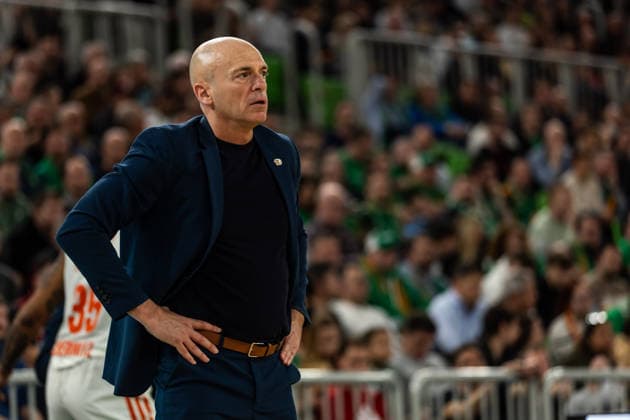 GER, BKT EuroCup, Saison 2025 2026, Achteffinale, Cedevita Olimpija Ljubljana- Niners Chemnitz 11.03.2026, Arena Stozice, Ljubljana, GER, BKT EuroCup, Saison 2025 2026, Achteffinale, Cedevita Olimpija Ljubljana- Niners Chemnitz Rodrigo Pastore (Head Coach), Niners Chemnitz Foto Alexander Trienitz Ljubljana Arena Stozice Slowenien