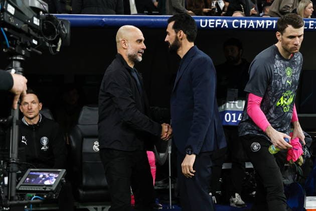 (L-R) Josep Guardiola (ManC), Alvaro Arbeloa (Real), MARCH 11, 2026 - Football Soccer : UEFA Champions League Round of 16 1st leg match between Real Madrid CF - Manchester City at the Estadio Santiago Bernabeu in Madrid, Spain. Noxthirdxpartyxsales  aflo_323133924