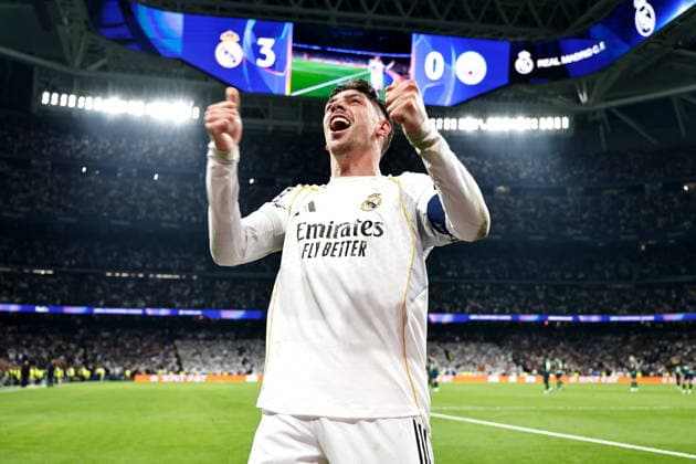 Federico Valverde (Real), MARCH 11, 2026 - Football Soccer : Valverde celebrate after his 3rd goal during UEFA Champions League Round of 16 1st leg match between Real Madrid CF - Manchester City at the Estadio Santiago Bernabeu in Madrid, Spain. Noxthirdxpartyxsales  aflo_323134336
