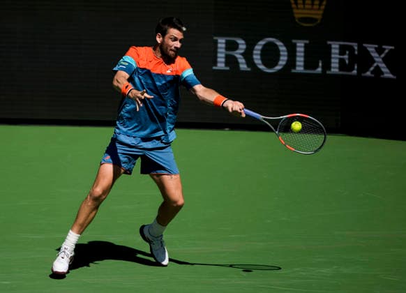 March 11, 2026 Cameron Norrie (GBR) returns a shot against Rinky Hijikata (AUS) during their fourth round match at the BNP Paribas Open held at the Indian Wells Tennis Garden in Indian Wells, California. California. Mandatory Photo Credit : CSM Indian Wells United States of America - ZUMAc04_ 20260311_zma_c04_112 Copyright: xCharlesxBausx