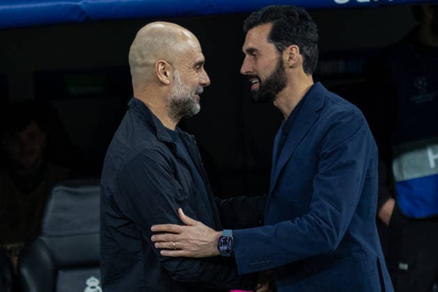 UEFA Champions League: Real Madrid 3 Manchester City 0 Pep Guardiola (L), coach Manchester City and Alvaro Arbeloa (R), Real Madrid coach, seen during the UEFA Champions League match between Real Madrid and Manchester City played at the Santiago Bernabéu Stadium. Final score: Real Madrid 3 - 0 Manchester City Madrid Spain Copyright: xDavidxCanalesx xSOPAxImagesx DCUCLRMMC260311-56