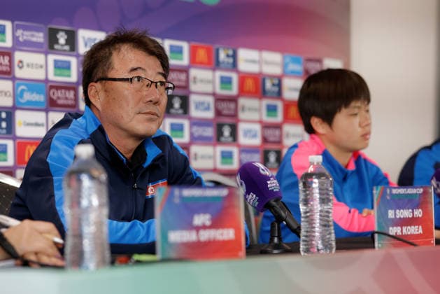 ASIAN CUP WOMEN NORTH KOREA PRESSER, Ri Song-ho, head coach of North Korea and player Choe Il-son of North Korea are seen during a North Korea Asian Cup press conferance at HBF Park, in Perth, Thursday, March 12, 2026. ( NO ARCHIVING PERTH WESTERN AUSTRALIA AUSTRALIA  Copyright: xRICHARDxWAINWRIGHTx 20260312116929428820