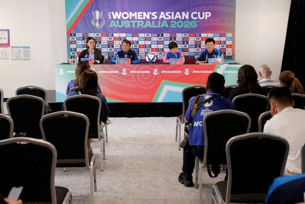 ASIAN CUP WOMEN NORTH KOREA PRESSER, Ri Song-ho, head coach of North Korea and player Choe Il-son of North Korea are seen during a North Korea Asian Cup press conferance at HBF Park, in Perth, Thursday, March 12, 2026. ( NO ARCHIVING PERTH WESTERN AUSTRALIA AUSTRALIA  Copyright: xRICHARDxWAINWRIGHTx 20260312129050749012