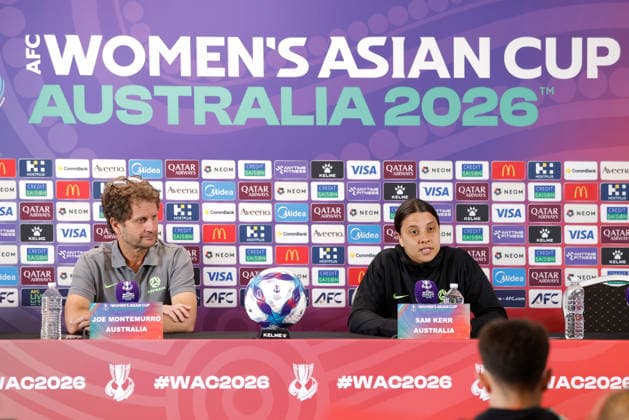 ASIAN CUP WOMEN AUSTRALIA PRESSER, Joe Montemurro, head coach of of Australia and Sam Kerr of Australia are seen during a Matildas Asian Cup press conferance at HBF Park, in Perth, Thursday, March 12, 2026. ( NO ARCHIVING PERTH WESTERN AUSTRALIA AUSTRALIA  Copyright: xRICHARDxWAINWRIGHTx 20260312126472193443