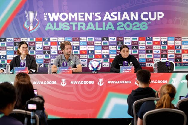 ASIAN CUP WOMEN AUSTRALIA PRESSER, Joe Montemurro, head coach of of Australia and Sam Kerr of Australia are seen during a Matildas Asian Cup press conferance at HBF Park, in Perth, Thursday, March 12, 2026. ( NO ARCHIVING PERTH WESTERN AUSTRALIA AUSTRALIA  Copyright: xRICHARDxWAINWRIGHTx 20260312164899831560