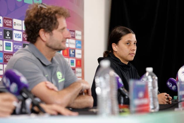ASIAN CUP WOMEN AUSTRALIA PRESSER, Sam Kerr and Joe Montemurro, head coach of Australia are seen during a Matildas Asian Cup press conferance at HBF Park, in Perth, Thursday, March 12, 2026. ( NO ARCHIVING PERTH WESTERN AUSTRALIA AUSTRALIA  Copyright: xRICHARDxWAINWRIGHTx 20260312197126359390