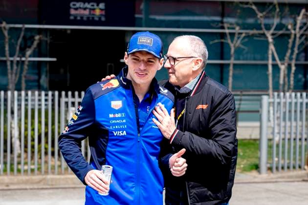 SHANGHAI ï¿½ Formula 1 driver Max Verstappen of Oracle Red Bull Racing, Formula 1 president Stefano Domenicali during the Formula 1 China Shanghai media day at the Schanghai International Circuit on March 12, 2025 in Shanghai, China. (Photo by DeFodi Images) -