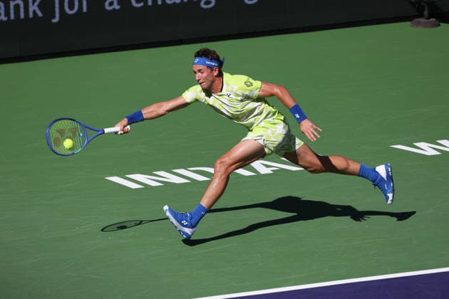 INDIAN WELLS, CA - MARCH 11: Casper Ruud (NOR) hits a forehand during the BNP Paribas Open on March 11, 2026 at Indian Wells Tennis Garden in Indian Wells, CA. (Photo by George Walker Icon Sportswire) TENNIS: MAR 11 BNP Paribas Open EDITORIAL USE ONLY Icon260311079