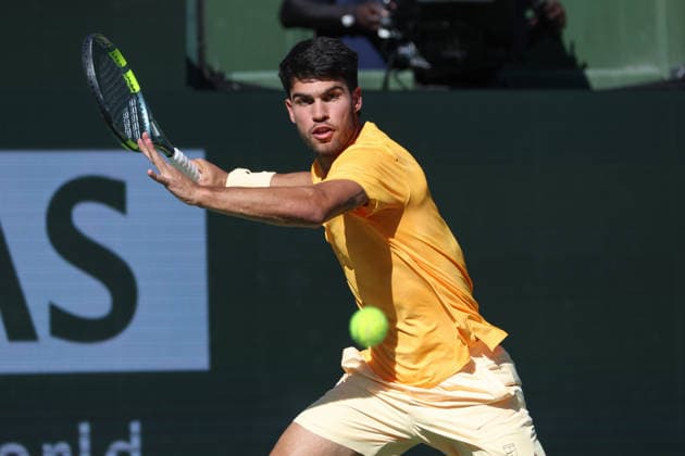 INDIAN WELLS, CA - MARCH 11: Carlos Alcaraz (ESP) hits a forehand during the BNP Paribas Open on March 11, 2026 at Indian Wells Tennis Garden in Indian Wells, CA. (Photo by George Walker Icon Sportswire) TENNIS: MAR 11 BNP Paribas Open EDITORIAL USE ONLY Icon260311093