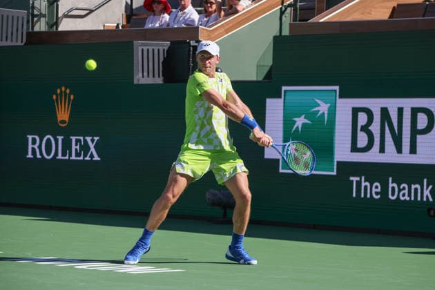 INDIAN WELLS, CA - MARCH 11: Casper Ruud (NOR) hits a backhand during the BNP Paribas Open on March 11, 2026 at Indian Wells Tennis Garden in Indian Wells, CA. (Photo by George Walker Icon Sportswire) TENNIS: MAR 11 BNP Paribas Open EDITORIAL USE ONLY Icon260311103