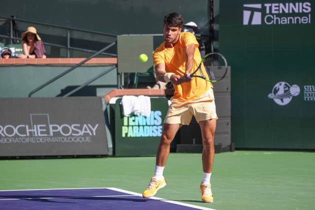 INDIAN WELLS, CA - MARCH 11: Carlos Alcaraz (ESP) hits a backhand during the BNP Paribas Open on March 11, 2026 at Indian Wells Tennis Garden in Indian Wells, CA. (Photo by George Walker Icon Sportswire) TENNIS: MAR 11 BNP Paribas Open EDITORIAL USE ONLY Icon260311108