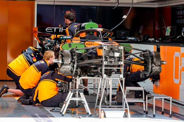 SHANGHAI ï¿½ Mechanics work on the car of Formula 1 driver Oscar Piastri of the McLaren Mastercard Formula 1 Team during the Formula 1 China Shanghai media day at the Shanghai International Circuit on March 12, 2025 in Shanghai, China. (Photo by DeFodi Images) -