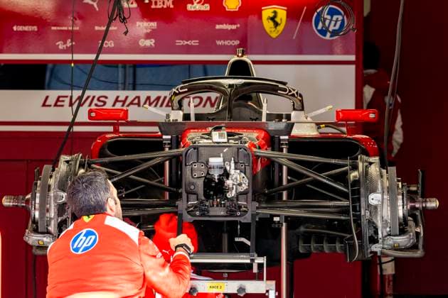 SHANGHAI - Mechanics work on the car of Formula 1 driver Lewis Hamilton of Scuderia Ferrari HP during the Formula 1 China Shanghai media day at the Shanghai International Circuit on March 12, 2025 in Shanghai, China. (Photo by DeFodi Images) -