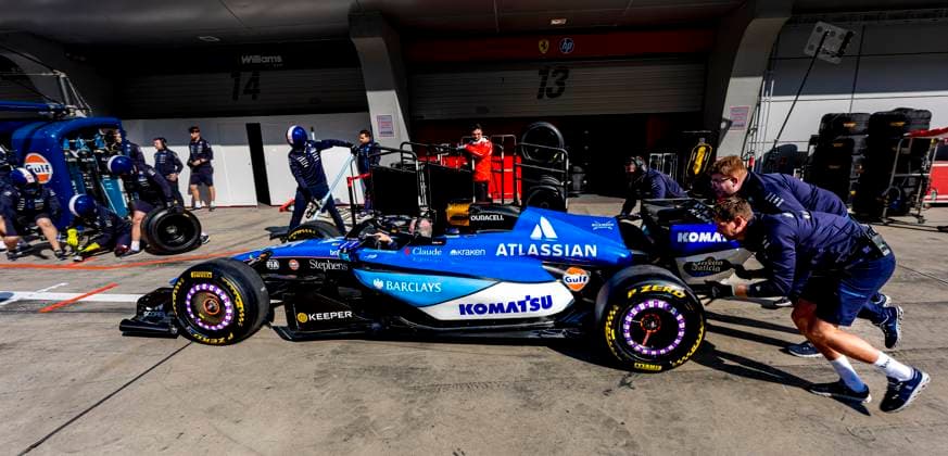 SHANGHAI - Mechanics make a pit stop with the car of Formula 1 driver Carlos Sainz of Atlassian Williams F1 Team during the Formula 1 China Shanghai media day at the Shanghai International Circuit on March 12, 2025 in Shanghai, China. (Photo by DeFodi Images) -