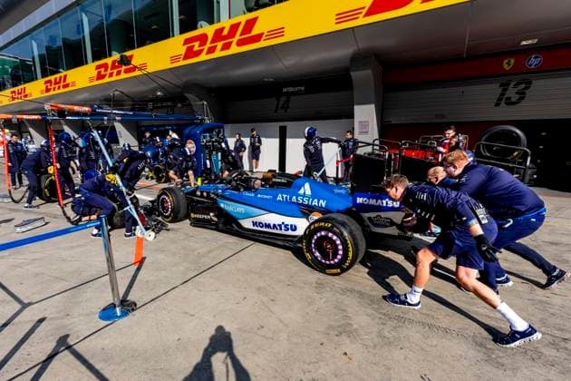 SHANGHAI - Mechanics make a pit stop with the car of Formula 1 driver Carlos Sainz of Atlassian Williams F1 Team during the Formula 1 China Shanghai media day at the Shanghai International Circuit on March 12, 2025 in Shanghai, China. (Photo by DeFodi Images) -