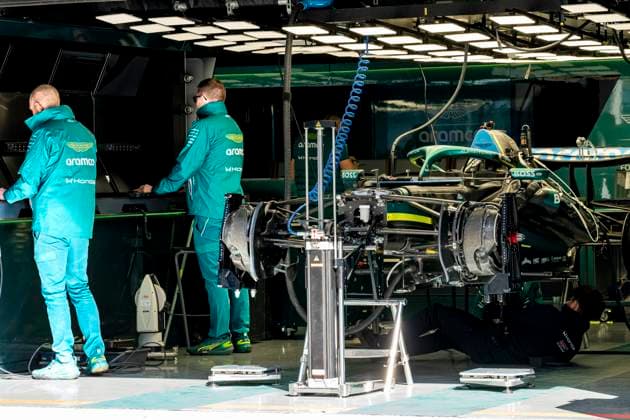 SHANGHAI - Mechanics work on the car of Formula 1 driver Fernando Alonso of Aston Martin Aramco Formula 1 Team during the Formula 1 China Shanghai media day at the Shanghai International Circuit on March 12, 2025 in Shanghai, China. (Photo by DeFodi Images) -