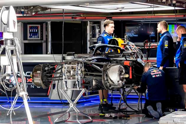 SHANGHAI - Mechanics work on the car of Formula 1 driver Max Verstappen of Oracle Red Bull Racing during the Formula 1 China Shanghai media day at the Shanghai International Circuit on March 12, 2025 in Shanghai, China. (Photo by DeFodi Images) -