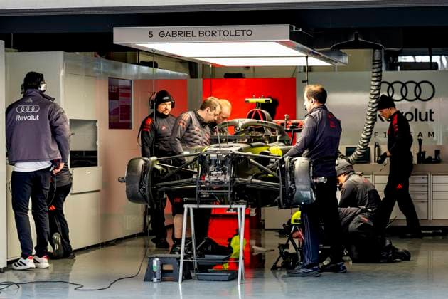 SHANGHAI ï¿½ Mechanics work on the car of Formula 1 driver Gabriel Bortoleto of the Audi Revolut F1 Team during the Formula 1 China Shanghai media day at the Shanghai International Circuit on March 12, 2025 in Shanghai, China. (Photo by DeFodi Images) -