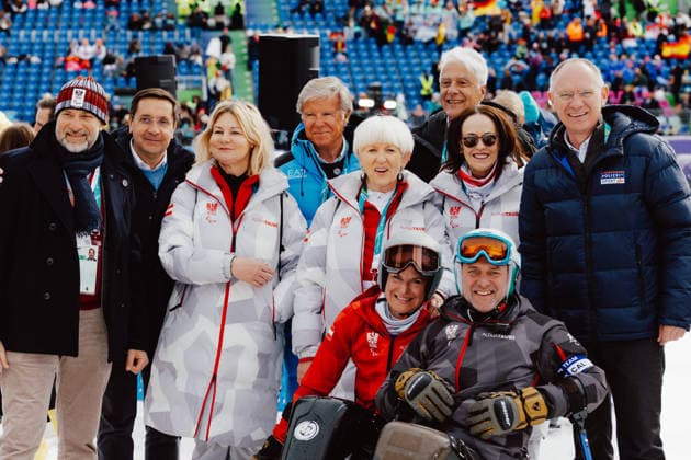 PARALYMPICS - Winter Paralympics Milano Cortina 2026 CORTINA D AMPEZZO,ITALY,12.MAR.26 - PARALYMPICS, ALPINE SKIING - Paralympic Winter games, Winterspiele,Spiele, Summer games Milano Cortina 2026, giant slalom, women. Image shows ambassador Michael Rendi, general secretary Petra Huber (OEPC), Stefano Umberto Longo, president Maria Rauch-Kallat (OEPC), Christina Obwexer (AUT), Katarzyna Greco (OEPC), Walter Pfaller (AUT) and federal minister Gerhard Karner (Austria).  GEPAxpictures xMatthiasxTrinkl
