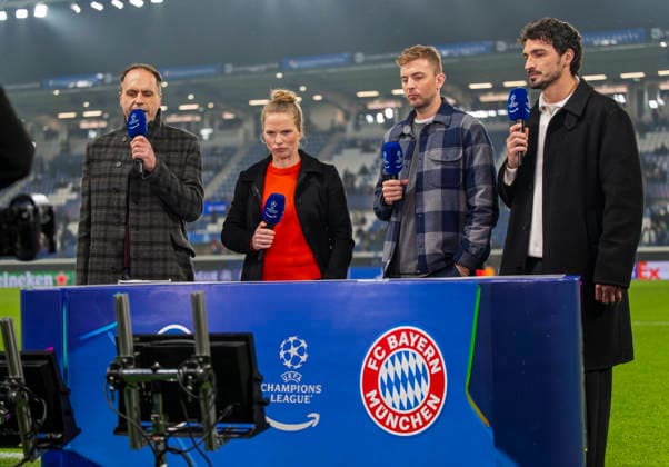 10.03.2026, Fussball UEFA Championsleague 2025 2026: Achtelfinale, Atalanta Bergamo - FC Bayern München, in der New Balance Arena (Bergamo, Italien), Experten am TV-Mikrofon, v.li: Tabea Kemme, Christoph Kramer, Mats Hummels,