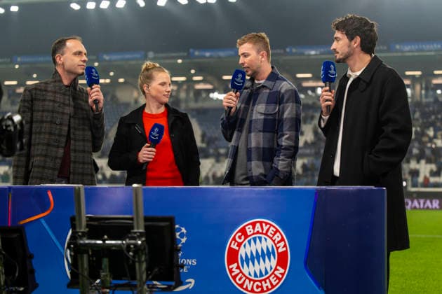10.03.2026, Fussball UEFA Championsleague 2025 2026: Achtelfinale, Atalanta Bergamo - FC Bayern München, in der New Balance Arena (Bergamo, Italien), Experten am TV-Mikrofon, v.li: Tabea Kemme, Christoph Kramer, Mats Hummels,