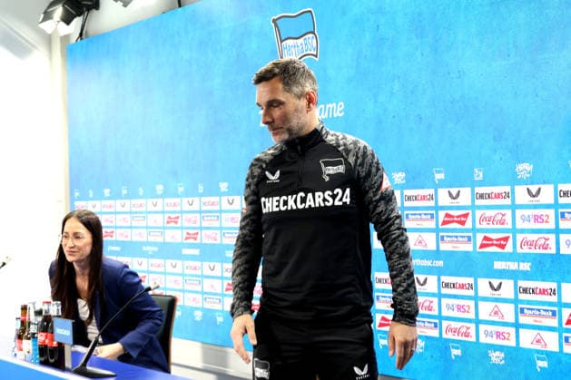 DEU, DFL, 2. FBL Hertha BSC, Training, 12.03.2026, Sportforum, Berlin, DEU, DFL, 2. FBL Hertha BSC, Pressekonferenz im Bild Cheftrainer Stefan Leitl (Hertha BSC Berlin), Vera Krings, Direktorin Kommunikation (Hertha BSC Berlin) DFL - regulations prohibit any use of Photographs as image sequences and or quasi-video