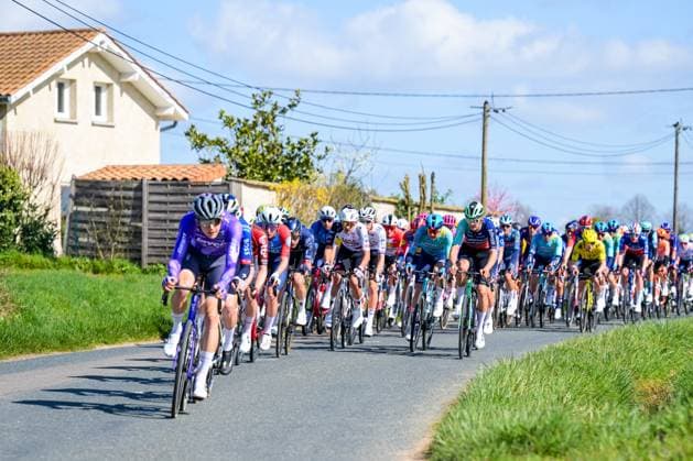 The pack of riders pictured in action during the fifth stage of 84th edition of the Paris-Nice cycling race, a race from Cormoranche-sur-Saone to Colombier-le-Vieux (205,4km), on Thursday 12 March 2026. DAVIDxPINTENS  x167249239x