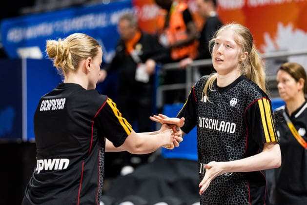 LYON-VILLEURBANNE, FRANCE - MARCH 11: Emma Eichmeyer (Germany, 9) and Frieda Buehner (Bühner, Buhner Germany, 20) during warm up before the FIBA Women™s World Cup Qualifying Tournament match between Germany vs. Republic of Korea at Astroballe on matchday 1 of the FIBA Women™s World Cup Qualifying Tournament on March 11, 2026 in Lyon-Villeurbanne, France. France Copyright: xSteffiexWunderlx