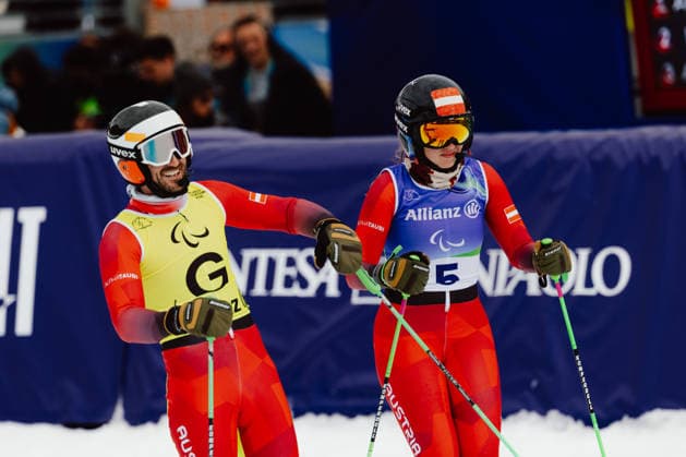PARALYMPICS - Winter Paralympics Milano Cortina 2026 CORTINA D AMPEZZO,ITALY,12.MAR.26 - PARALYMPICS, ALPINE SKIING - Paralympic Winter games, Winterspiele,Spiele, Summer games Milano Cortina 2026, giant slalom, women. Image shows guide Eric Digruber und Veronika Aigner (AUT).  GEPAxpictures xMatthiasxTrinkl