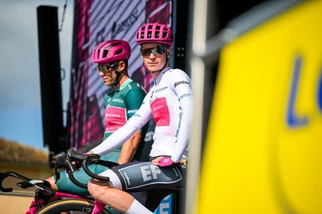 German Georg Steinhauser of EF Education-EasyPost wearing the white jersey for best young rider pictured before the start of the fifth stage of 84th edition of the Paris-Nice cycling race, a race from Cormoranche-sur-Saone to Colombier-le-Vieux (205,4km), on Thursday 12 March 2026. DAVIDxPINTENS  x167249336x