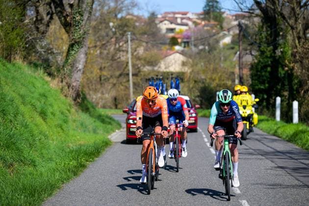 Ecuadorian Jefferson Cepeda of Movistar Team, Russian Aleksandr Vlasov of Red Bull-BORA-hansgrohe, British Joshua Tarling of INEOS Grenadiers, French Remi Cavagna of Groupama-FDJ United and French Nicolas Prodhomme of Decathlon CMA CGM Team pictured in action during the fifth stage of 84th edition of the Paris-Nice cycling race, a race from Cormoranche-sur-Saone to Colombier-le-Vieux (205,4km), on Thursday 12 March 2026. DAVIDxPINTENS  x167253726x