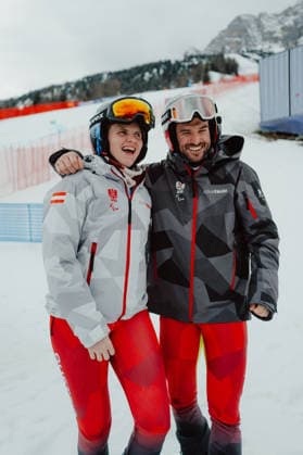 PARALYMPICS - Winter Paralympics Milano Cortina 2026 CORTINA D AMPEZZO,ITALY,12.MAR.26 - PARALYMPICS, ALPINE SKIING - Paralympic Winter games, Winterspiele,Spiele, Summer games Milano Cortina 2026, giant slalom, women. Image shows the rejoicing Veronika Aigner (AUT) and Eric Digruber (AUT).  GEPAxpictures xAlexanderxSolc