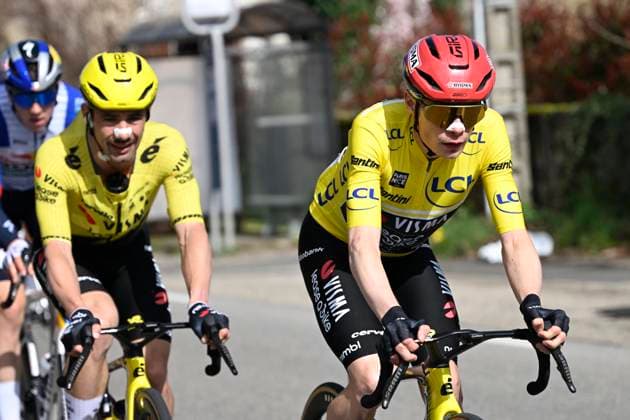 Paris Nice 2026 Stage 5 COLOMBIER-LE-VIEUX, FRANCE - MARCH 12 : Vingegaard Jonas (DEN) of Team Visma I Lease a Bike and Campenaerts Victor (BEL) of Team Visma I Lease a Bike during stage 5 of the 84th edition of Paris - Nice an UCI World Tour 2.UWT cycling road race stage for Men Elite of 205.4 km with start in Cormoranche-sur-Saone and finish in Colombier-le-Vieux on March 12, 2026 in Colombier-le-Vieux, France, 12 03 2026 ( Motordriver Guy De Vuyst - Colombier-le-Vieux France  Copyright: xNicoxVereeckenx