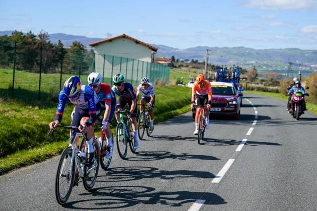 Russian Aleksandr Vlasov of Red Bull-BORA-hansgrohe, French Remi Cavagna of Groupama-FDJ United, French Nicolas Prodhomme of Decathlon CMA CGM Team, Ecuadorian Jefferson Alveiro Cepeda of Movistar Team and British Joshua Tarling of INEOS Grenadiers pictured in action during the fifth stage of 84th edition of the Paris-Nice cycling race, a race from Cormoranche-sur-Saone to Colombier-le-Vieux (205,4km), on Thursday 12 March 2026. DAVIDxPINTENS  x167256007x