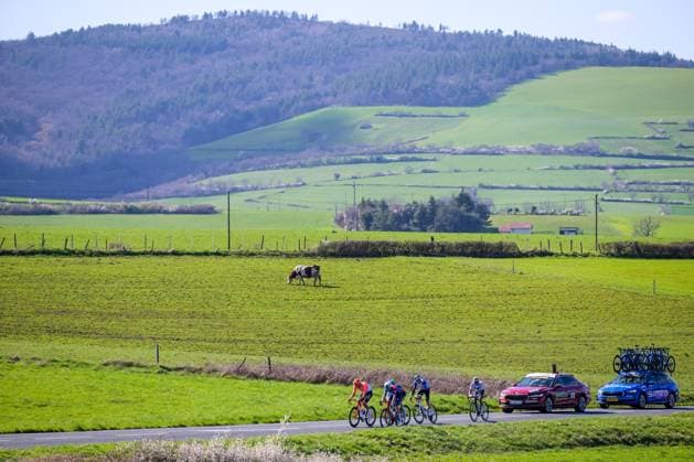 The breakaway group pictured during the fifth stage of 84th edition of the Paris-Nice cycling race, a race from Cormoranche-sur-Saone to Colombier-le-Vieux (205,4km), on Thursday 12 March 2026. DAVIDxPINTENS  x167257612x