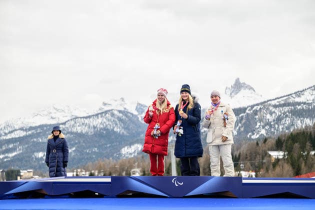 260312 Varvara Voronchikhina of Russia, Ebba Arsjö of Sweden and Aurelie Richard of France celebrate on the podium competing in the women s para alpine giant slalom during day 6 of the Milano Cortina 2026 Winter Paralympic Games on March 12, 2026 in Cortina. Photo: Maxim Thore BILDBYRAN kod MT MT1020 alpint alpine skiing paralympic games paralympics paralympiska spel paralympiske leker vinter-paralympics winter paralympics milano cortina 2026 milano cortina 2026 winter paralympic games 6 bbeng storslalom jubel *** 260312 Varvara Voronchikhina of Russia, Ebba Arsjö of Sweden and Aurelie Richard of France celebrate on the podium competing in the women s para alpine giant slalom during day 6 of the Milano Cortina 2026 Winter Paralympic Games on March 12, 2026 in Cortina Photo Maxim Thore BILDBYRAN kod MT MT1020 alpint alpine skiing paralympic games paralympiska spel paralympiske leker vinter paralympics winter paralympics milano cortina 2026 milano cortina 2026 winter paralympic games 6 bbeng storslalom jubel  Copyright: MAXIMxTHORE BB260312MT069