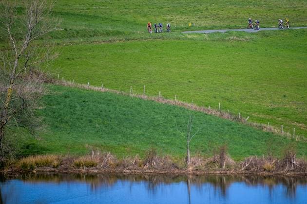 The breakaway group pictured during the fifth stage of 84th edition of the Paris-Nice cycling race, a race from Cormoranche-sur-Saone to Colombier-le-Vieux (205,4km), on Thursday 12 March 2026. DAVIDxPINTENS  x167258367x