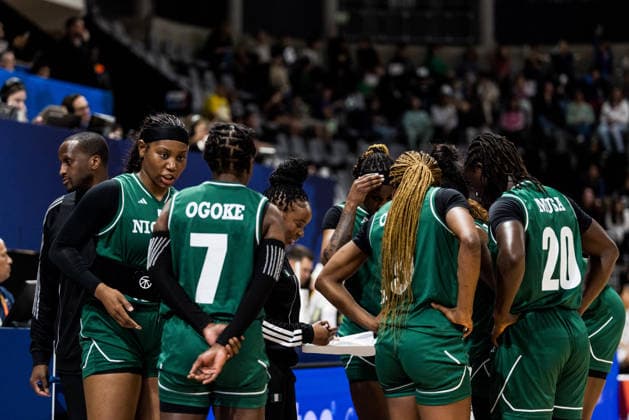 LYON-VILLEURBANNE, FRANCE - MARCH 12: Rena Wakama (Head Coach Nigeria) coaches during a timeout during the FIBA Women™s World Cup Qualifying Tournament match between Republic of Korea (KOR) vs. Nigeria (NGR) at Astroballe on matchday 2 of the FIBA Women™s World Cup Qualifying Tournament on March 12, 2026 in Lyon-Villeurbanne, France. France Copyright: xSteffiexWunderlx