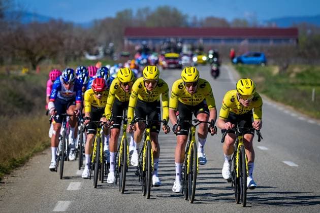 Team Visma-Lease a Bike riders pictured in action during the fifth stage of 84th edition of the Paris-Nice cycling race, a race from Cormoranche-sur-Saone to Colombier-le-Vieux (205,4km), on Thursday 12 March 2026. DAVIDxPINTENS  x167265617x