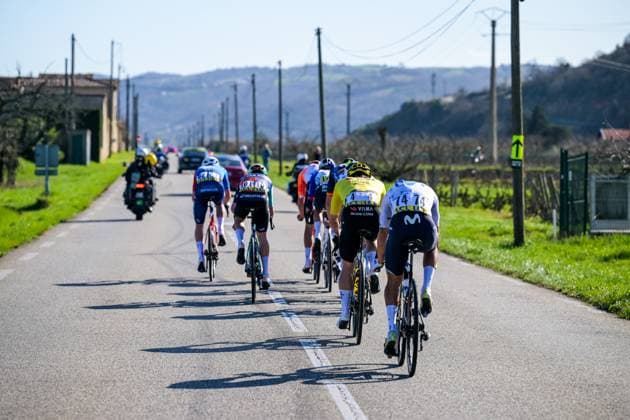 The breakaway group pictured during the fifth stage of 84th edition of the Paris-Nice cycling race, a race from Cormoranche-sur-Saone to Colombier-le-Vieux (205,4km), on Thursday 12 March 2026. DAVIDxPINTENS  x167267330x