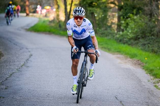 Ecuadorian Jefferson Cepeda of Movistar Team pictured in action during the fifth stage of 84th edition of the Paris-Nice cycling race, a race from Cormoranche-sur-Saone to Colombier-le-Vieux (205,4km), on Thursday 12 March 2026. DAVIDxPINTENS  x167268582x