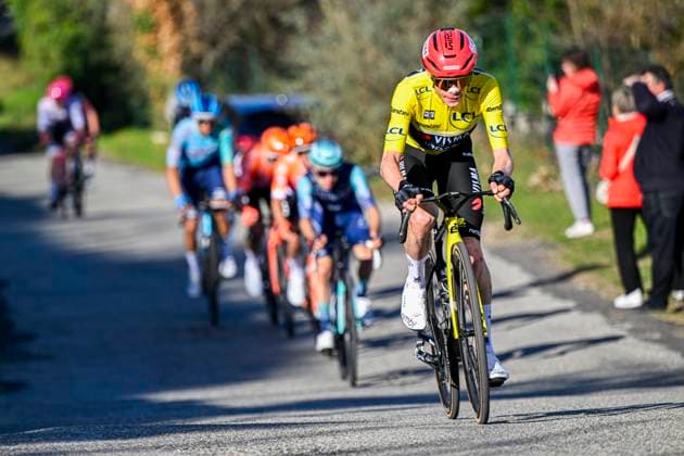 Paris Nice 2026 Stage 5 COLOMBIER-LE-VIEUX, FRANCE - MARCH 12 : Vingegaard Jonas (DEN) of Team Visma Lease a Bike attacking during stage 5 of the 84th edition of Paris - Nice an UCI World Tour 2.UWT cycling road race stage for Men Elite of 205.4 km with start in Cormoranche-sur-Saone and finish in Colombier-le-Vieux on March 12, 2026 in Colombier-le-Vieux, France, 12 03 2026 ( Motordriver Guy De Vuyst - Colombier-le-Vieux France  Copyright: xNicoxVereeckenx