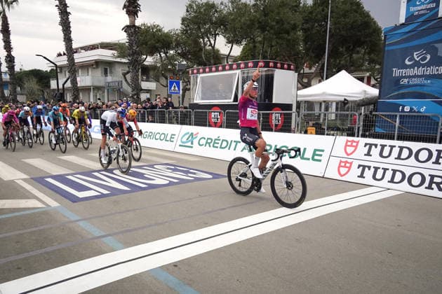 Van Der Poel Mathieu Of Alpecin-Premier Tech winner on the finish line during the 213-kilometer Stage 4 of the Tirreno-Adriatico cycling race from Tagliacozzo to Martinsicuro - Italy,- Thursday, March 12, 2026. - cycling .  Copyright: xMassimoxPaolone LaPressex