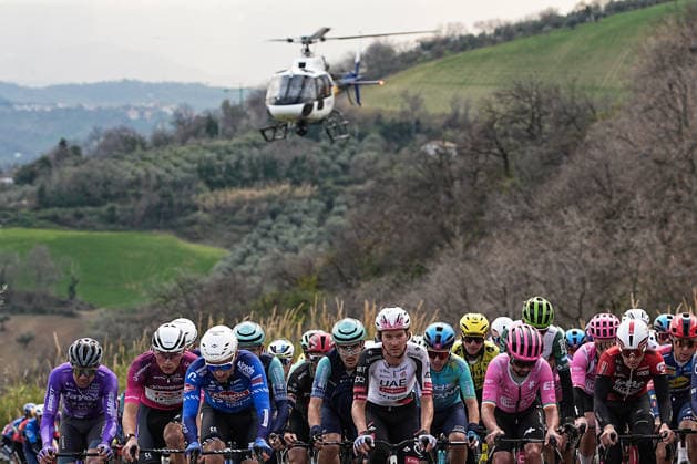The pack rides during the 213-kilometer Stage 4 of the Tirreno-Adriatico cycling race from Tagliacozzo to Martinsicuro - Italy,- Thursday, March 12, 2026. - cycling .  Copyright: xMarcoxAlpozzi LaPressex