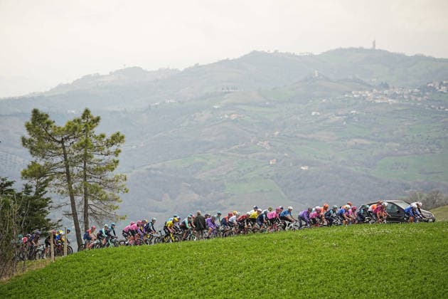The pack rides during the 213-kilometer Stage 4 of the Tirreno-Adriatico cycling race from Tagliacozzo to Martinsicuro - Italy,- Thursday, March 12, 2026. - cycling .  Copyright: xMarcoxAlpozzi LaPressex